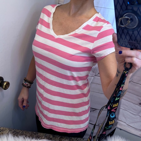 🔥2/$12 MOSSIMO•| Pink & White Striped Short Sleeve V-Neck Size XL - Picture 2 of 6